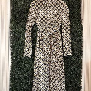 Boden Navy and Yellow Geometric Belted Long Sleeve Dress